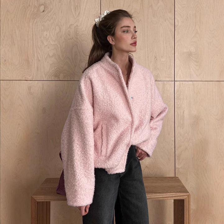 Damska teddy kurtka in bouclé look z round neck, oversize krój i insert kieszeniami Lumaza