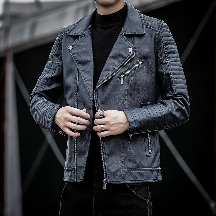 Męski imitacja skóry biker kurtka z pikowany ramienny yoke, asymmetric zamek i metal zamek