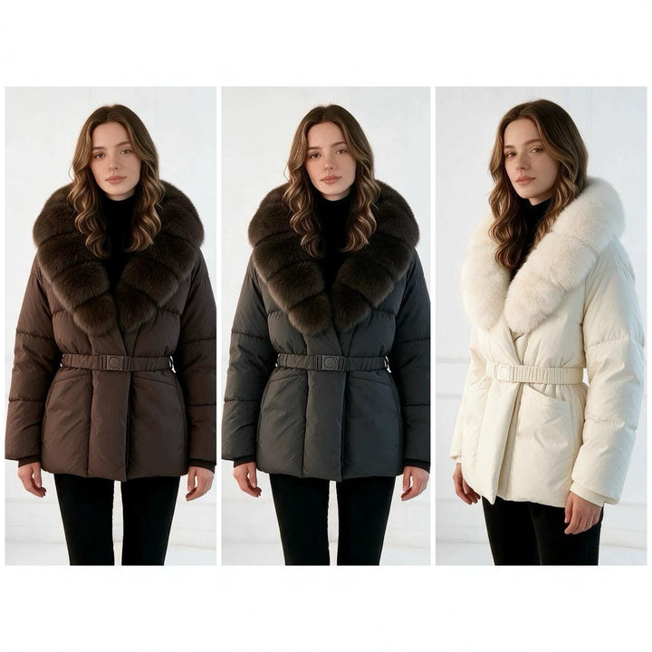 Damska taliowana pikowana kurtka z oversize faux fur kołnierzem, dopasowana paskiem, i warming izolacją termiczną Lumaza