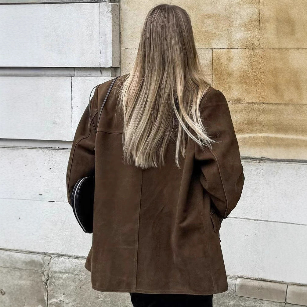 Damska oversize Suede marynarka z Lapel kołnierzem i klapką kieszeniami Lumaza