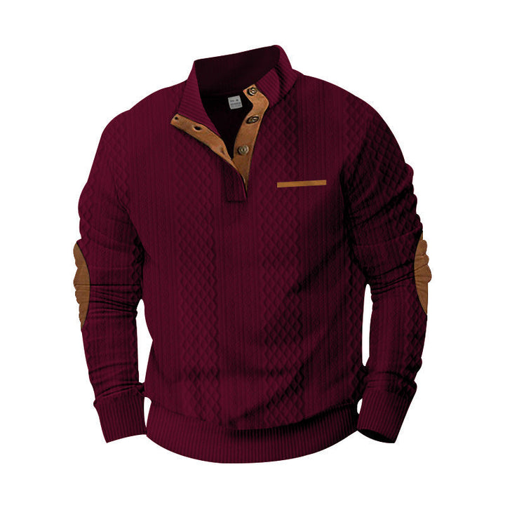 Męska Strukturalny Cable Dzianina Bluza z Half Listwa guzikowa, Imitacja skóry Patch Kieszeń &amp; Elbow Patches