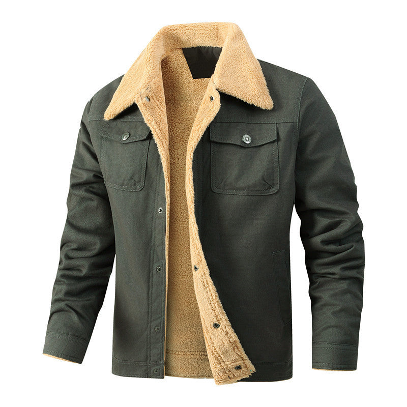 Męska casualowo Sherpa-lwed canvas Trucker kurtka z koszula kołnierzem