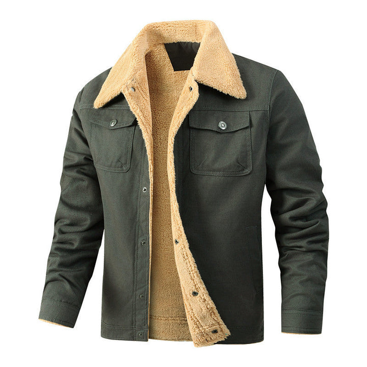 Męska casualowo Sherpa-lwed canvas Trucker kurtka z koszula kołnierzem