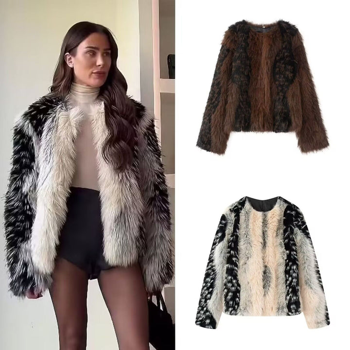 Damska krótka Faux Fur kurtka z Striped Fur Texture Lumaza
