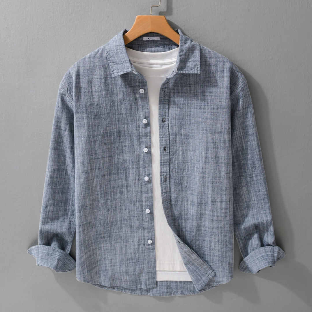Męski Textured Linen-Cotton Koszula wierzchnia w Luźny krój z Koszula Kołnierz i Continuous Guzik Placket