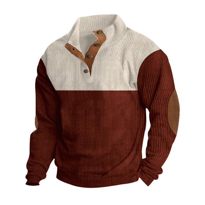 Męska Prążkowany Half-Kołnierz Henley Sweter z Listwa guzikowa i Skóra Elbow Patches