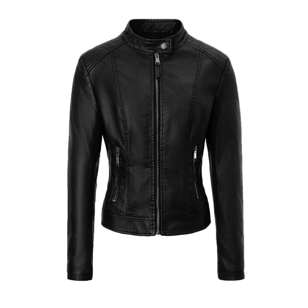 Damska dopasowana-krój Biker Leather kurtka z stójka kołnierzem Lumaza