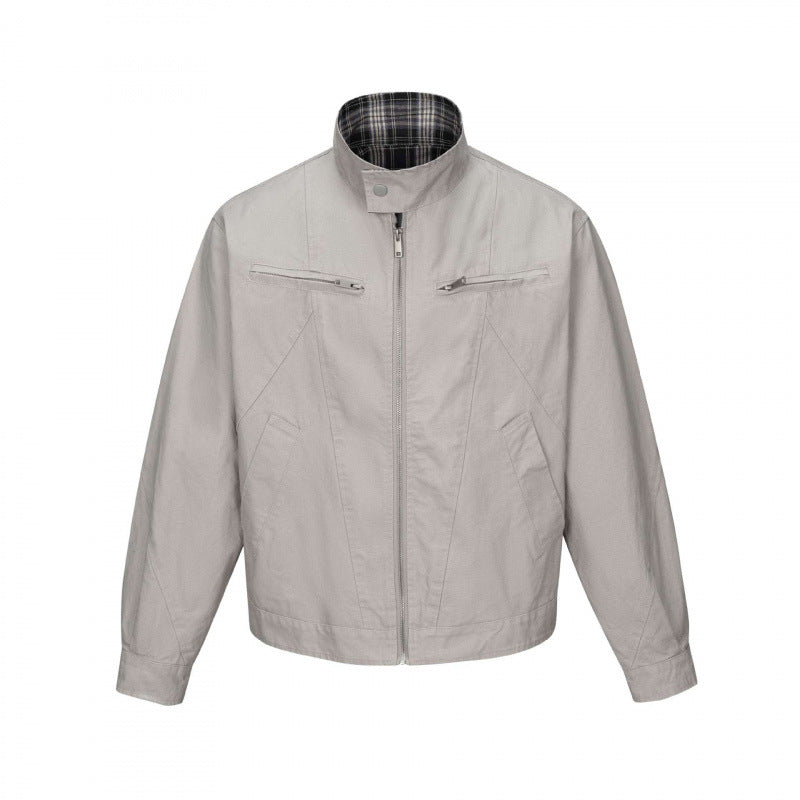 Męska krótsza canvas blouson kurtka z stójką, zamkiemed kieszeniami, i checkered lwwg