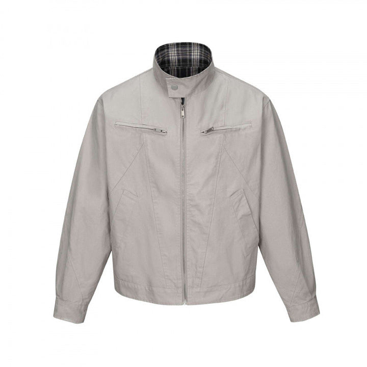 Męska krótsza canvas blouson kurtka z stójką, zamkiemed kieszeniami, i checkered lwwg