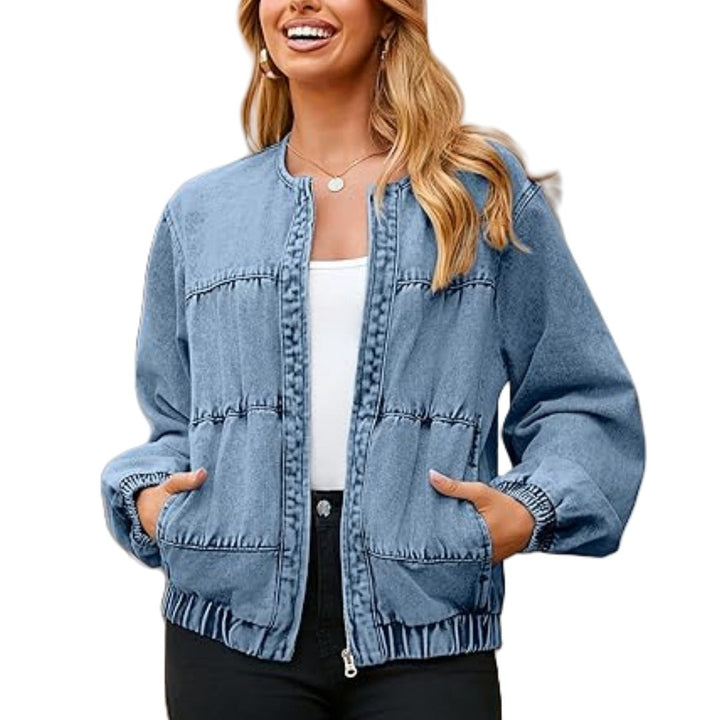Damska bomber-styl denimowa kurtka z round neck, piping seams, i elastic dołem Lumaza