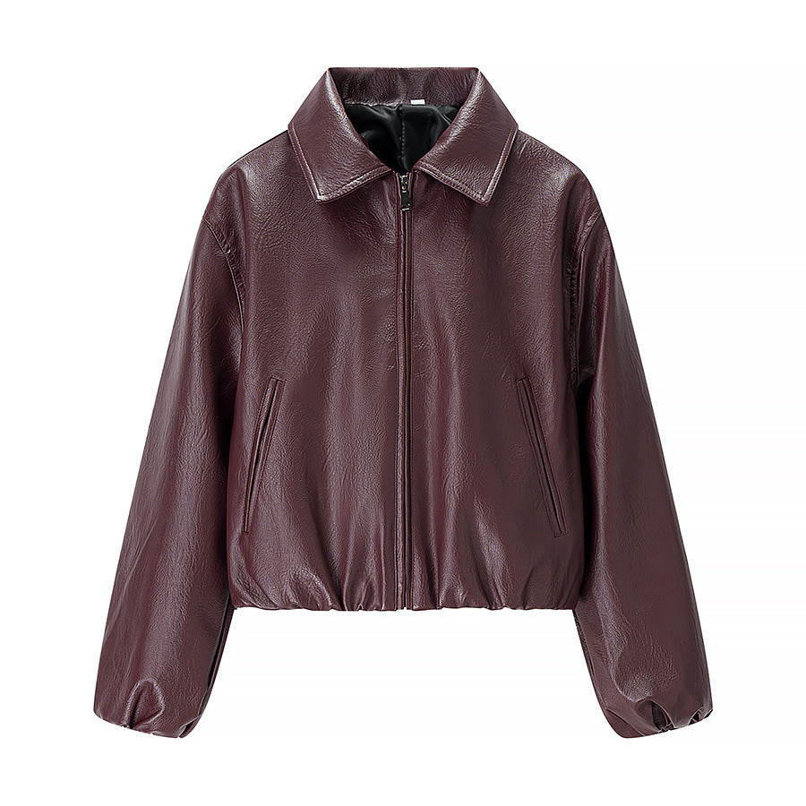 Damska krótka leather imitation blouson z zamkiem błyskawicznym i elastic dołem Lumaza