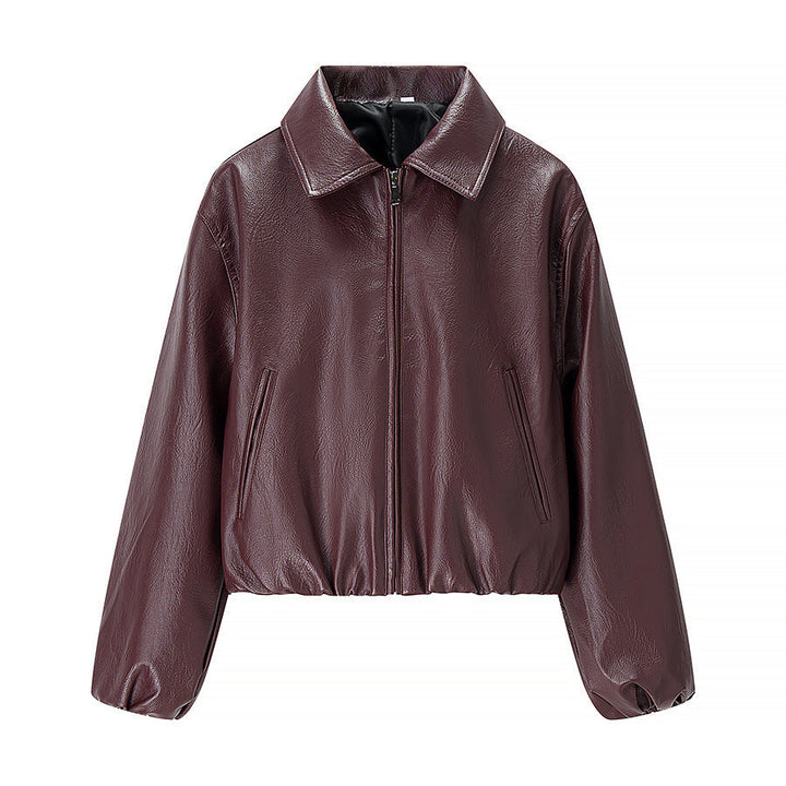 Damska krótka leather imitation blouson z zamkiem błyskawicznym i elastic dołem Lumaza