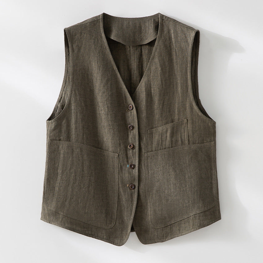 Damska linen kamizelka z V-neck, z naszywanymi kieszeniami, i relaxed krój Lumaza