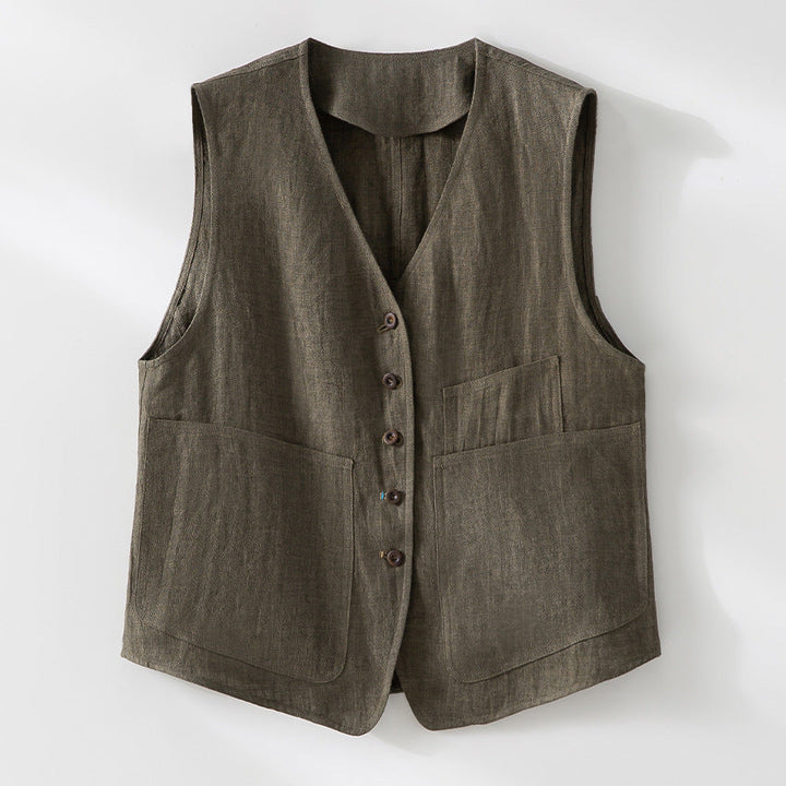Damska linen kamizelka z V-neck, z naszywanymi kieszeniami, i relaxed krój Lumaza