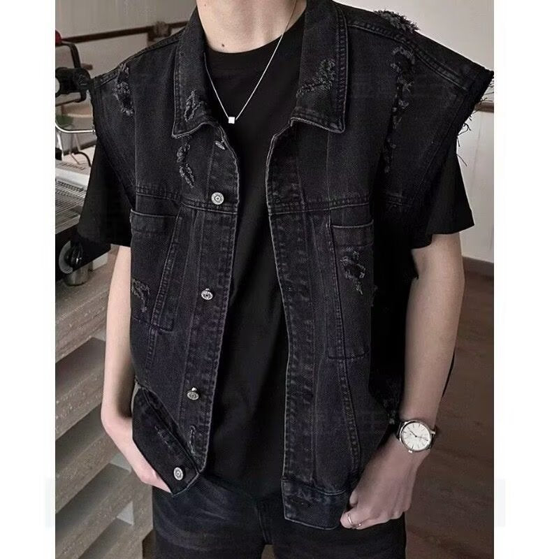Męski denim kamizelka w vintage used stylizacja z destroyed kieszenie i boxy krój