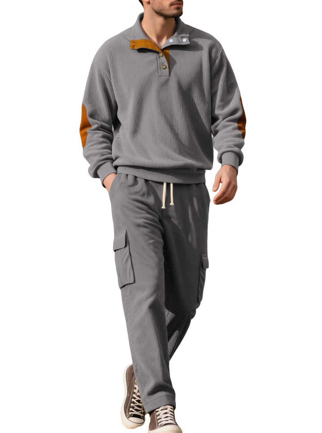 Męska strukturalny turtleneck pulower z Stójka, press stud listwa, i welur elbow patches