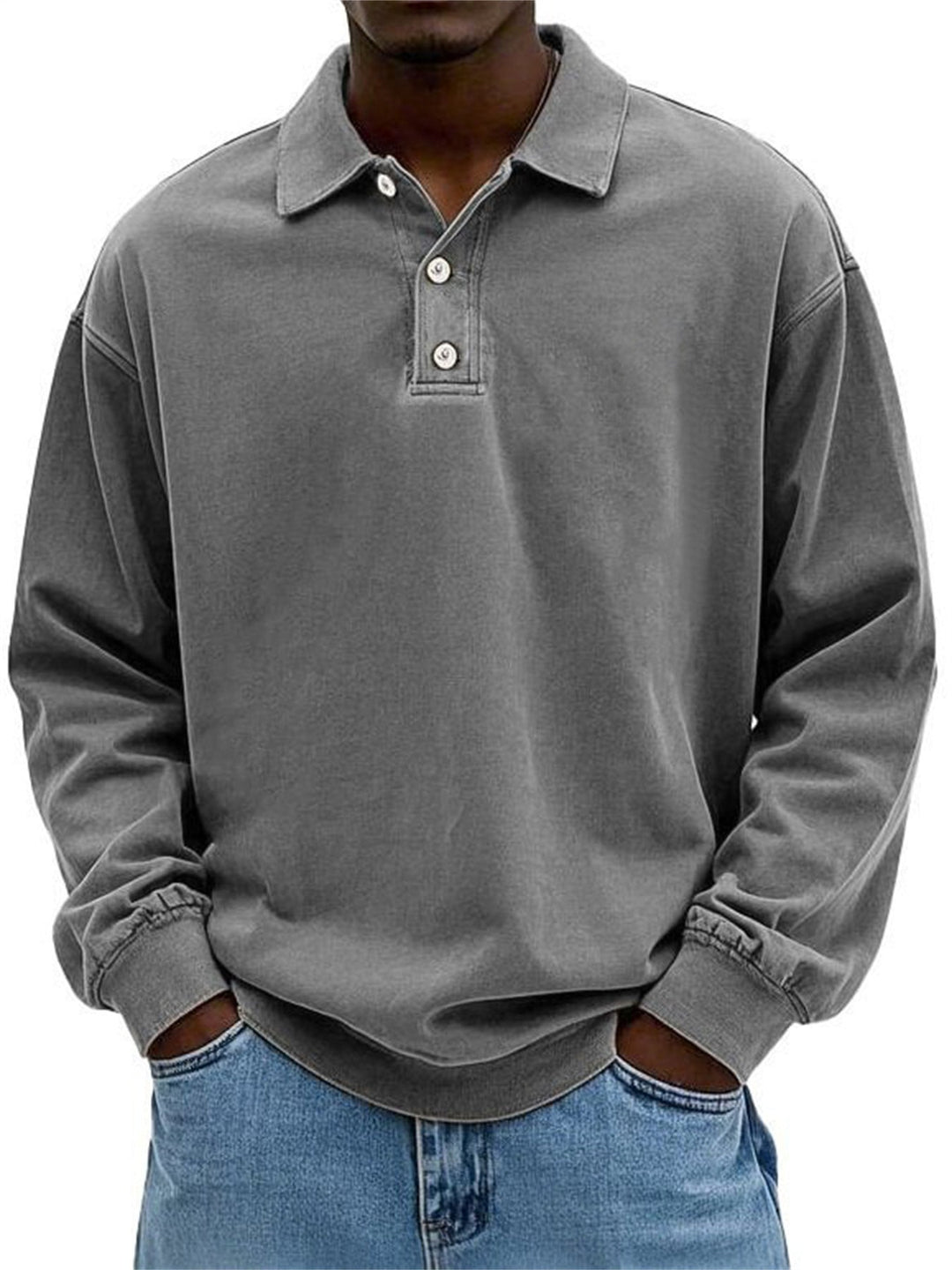 Męska Oversize Denim Wygląd Polo Bluza z Krótka Listwa guzikowa i Elastyczne mankiety EB