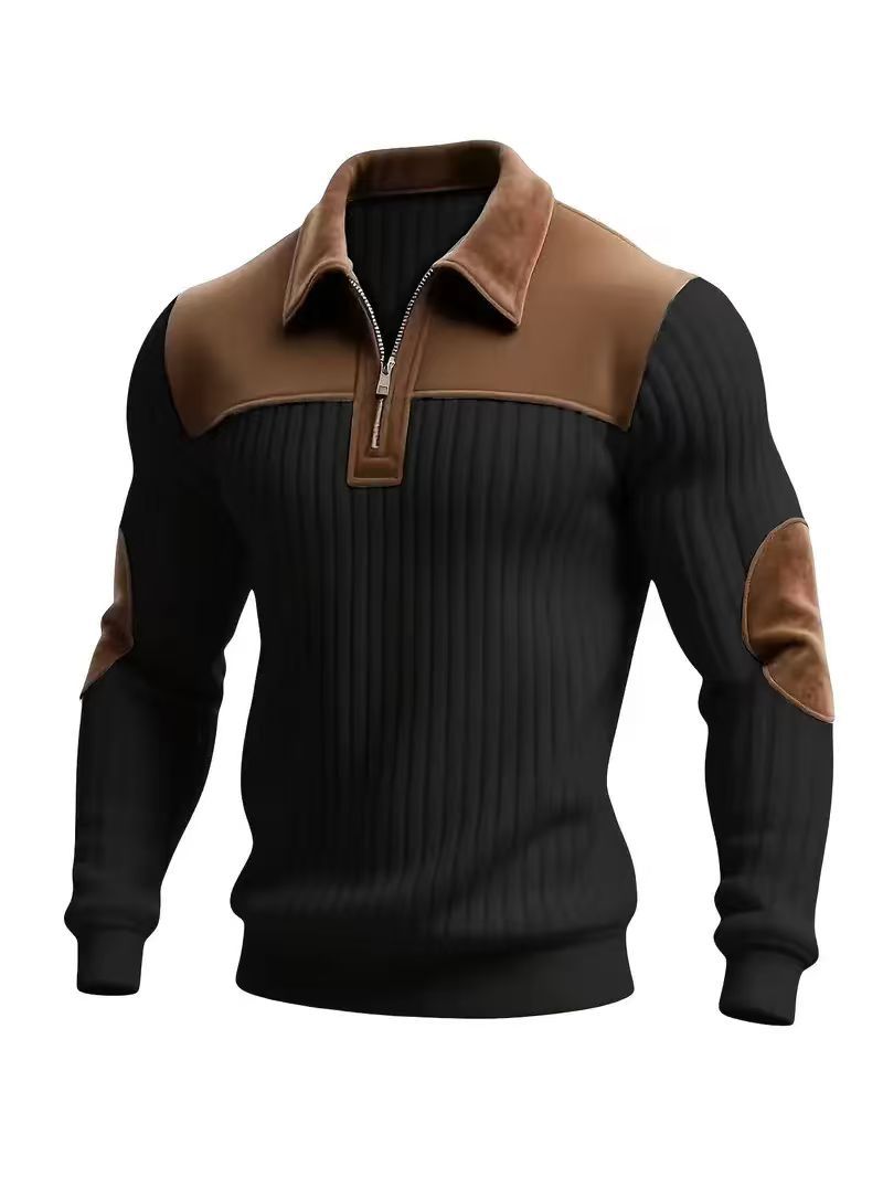 Męska prążkowany krótki zamek pulower z contrasting skóra appliqués na shoulders i elbows