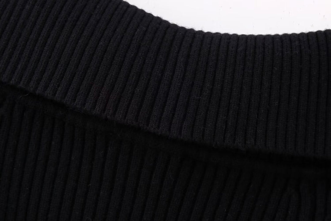 Damska krótka Ribbed dzianinowa kurtka z Wide Off-na ramiona kołnierzem i Full-Length zamkiem błyskawicznym Lumaza