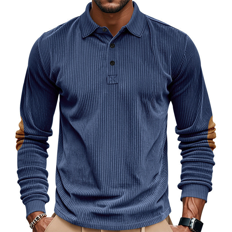 Męska heavy prążkowany bawełna polo sweter z Kent Kołnierz, triple Listwa guzikowa, i zamsz elbow patches