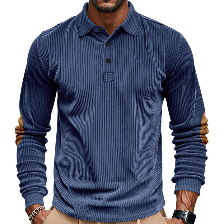 Męska heavy prążkowany bawełna polo sweter z Kent Kołnierz, triple Listwa guzikowa, i zamsz elbow patches