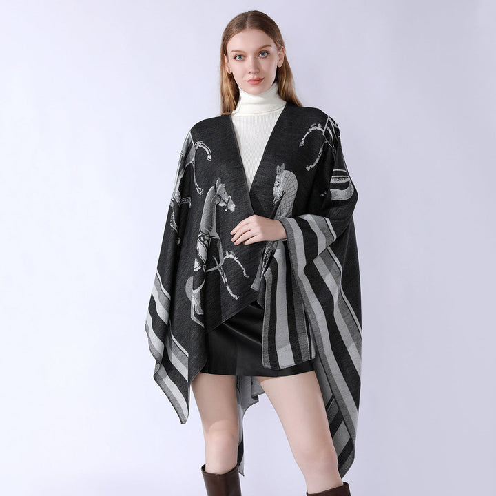 Damskie Jacquard Poncho Wrap z Horse Motif i Boxy Kimono Sylwetka