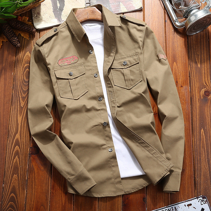 Męski Military-Inspired Utility Kurtka koszulowa z Pagony i Flap Kieszenie