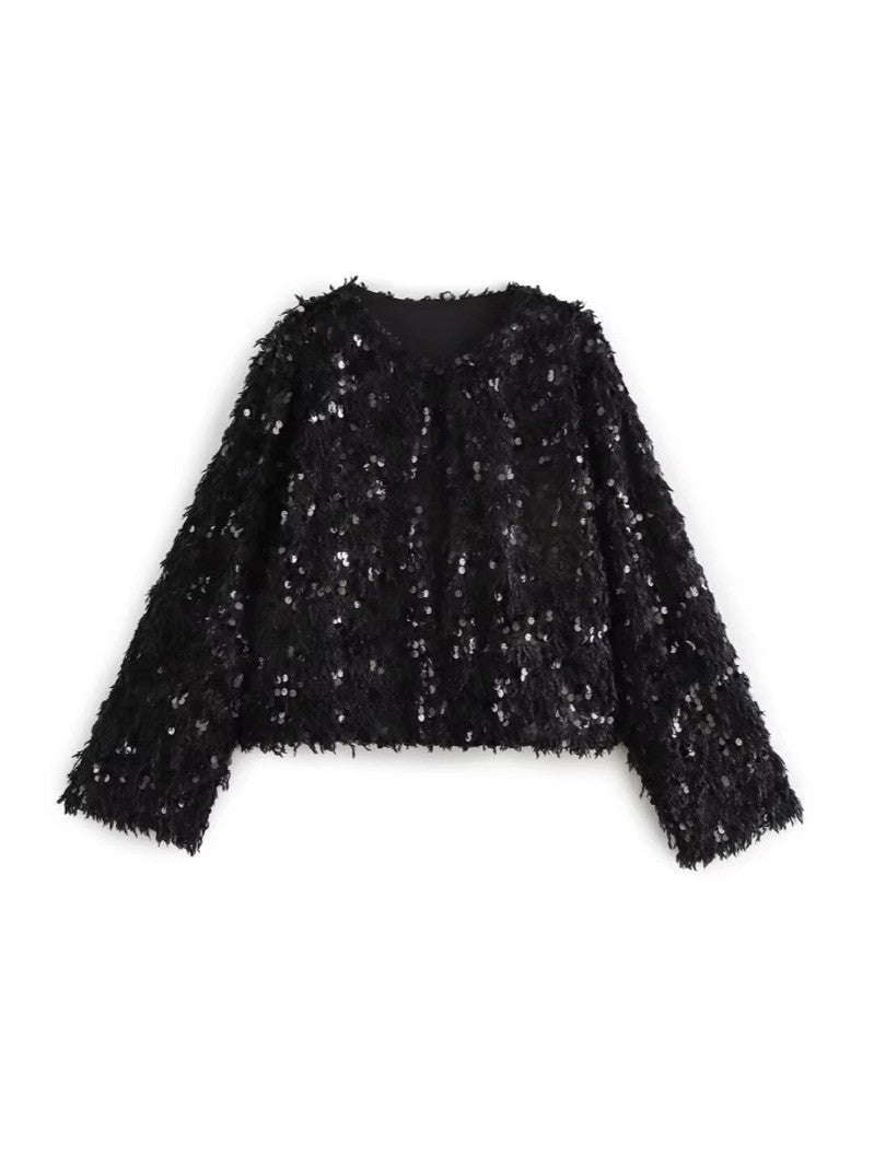 Damska Krótka Kurtka wykonana z fluffy Sztuczne futro z sequin wykończenie