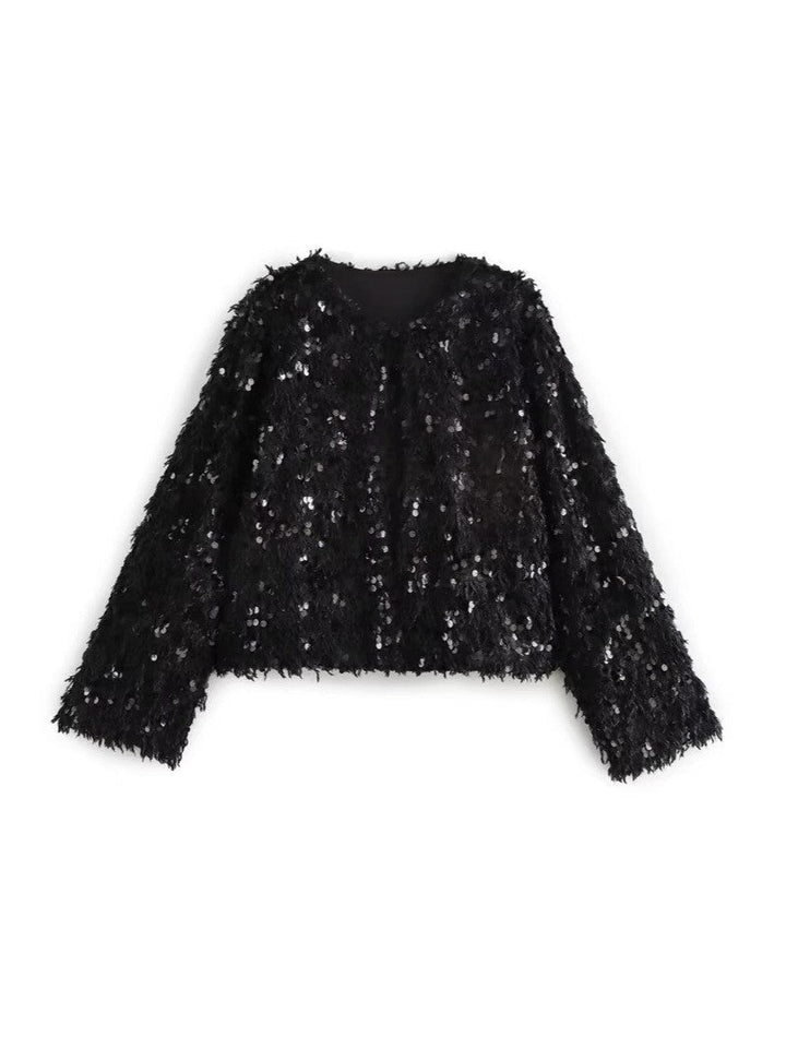 Damska Krótka Kurtka wykonana z fluffy Sztuczne futro z sequin wykończenie