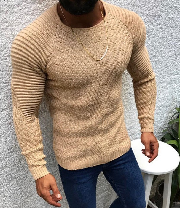 Męska strukturalny slim-Krój raglanowy sweter wykonana z delikatna prążkowany i waffle dzianina