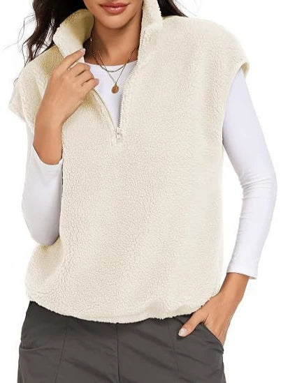 Damskie Sleeveless Teddy Polar Kamizelka z Half Zamek i Stójka