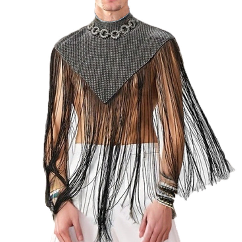 Damska długa z frędzlami cape z turtleneck i V-shaped wpuszczany