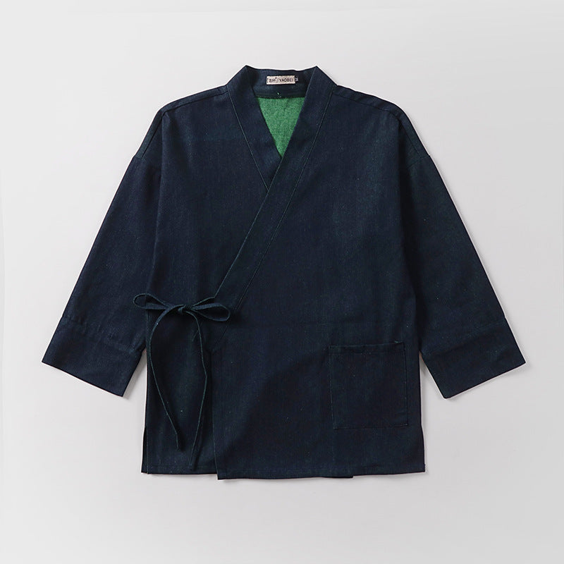 Unisex lekka kopertowa kimono kurtka made of len z bawełną Blend z kontrastowy Trim i wiązanym paskiem Lumaza
