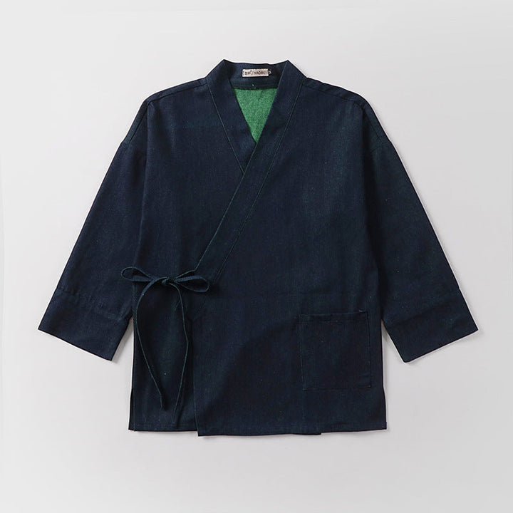 Unisex lekka kopertowa kimono kurtka made of len z bawełną Blend z kontrastowy Trim i wiązanym paskiem Lumaza