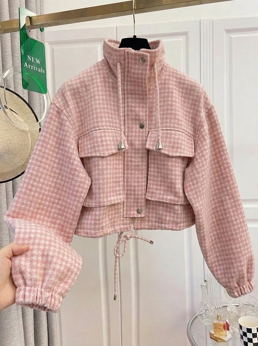 Damska Checkered krótka kurtka z stójka kołnierzem, ściągaczem i Elastic Cuffs Lumaza