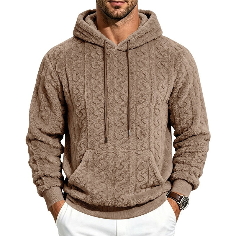 Męska przytulny teddy polar bluza z kapturem z cable Wzór i kieszeń kangurka