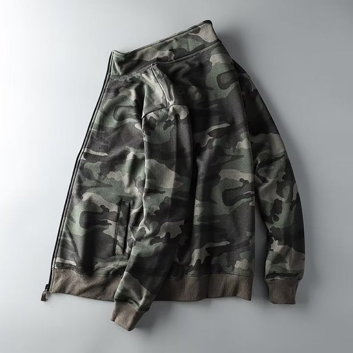 Męski Camouflage Bawełna Polar Zamek Kurtka z Stójka i Ribbed Mankiety