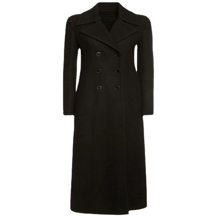 Damska elegancka Floor-Length mieszanka wełny długa płaszcz in Clean-Cut podwójna dwurzędna z Textured na ramiona Part Lumaza