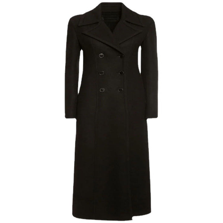 Damska elegancka Floor-Length mieszanka wełny długa płaszcz in Clean-Cut podwójna dwurzędna z Textured na ramiona Part Lumaza