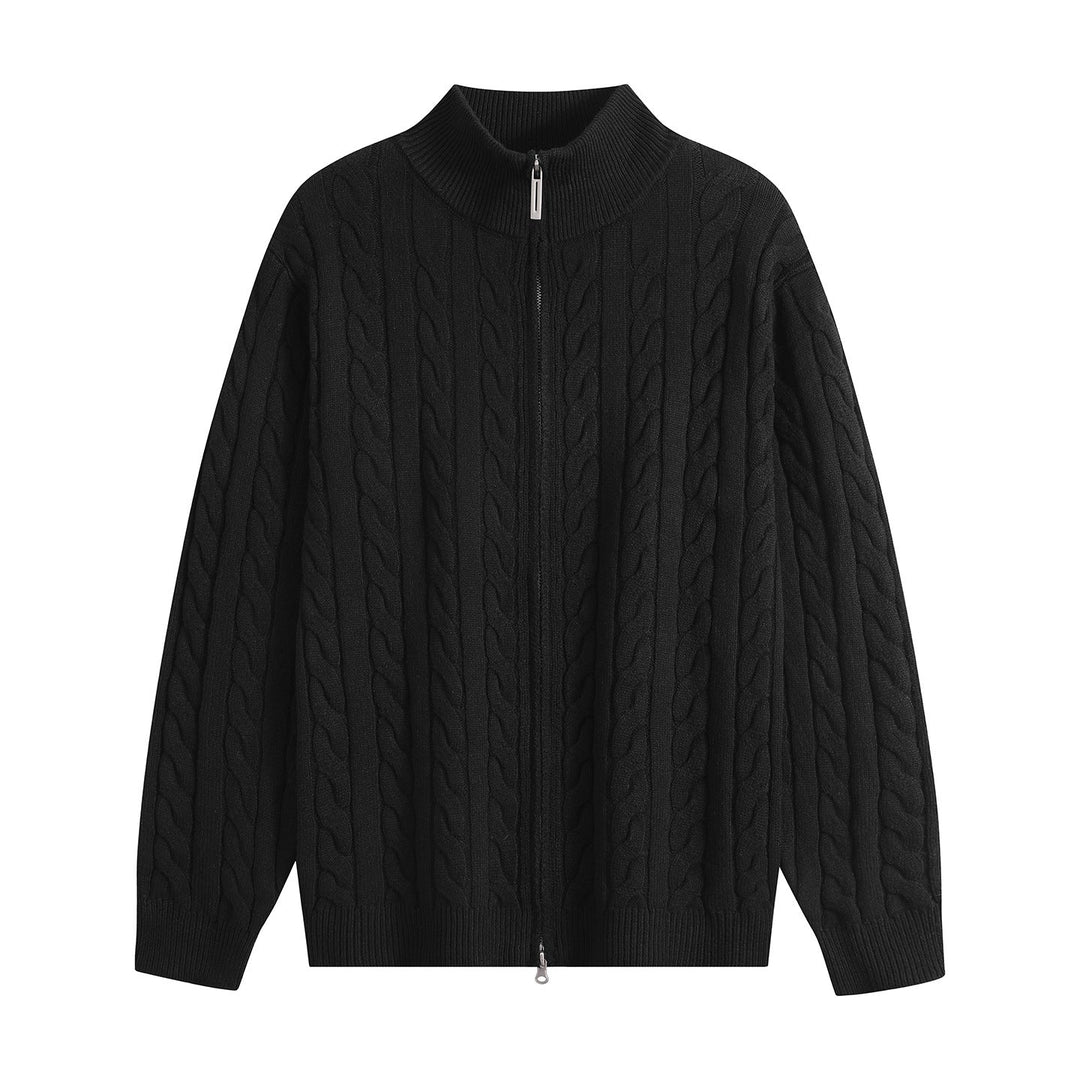 Męska Masywny Dzianina Zip-Up Kardigan z Cable Wzór, Stójka i Oversize Krój