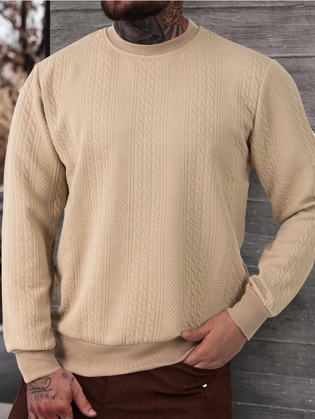 Męska textured okrągły dekolt bluza z delikatna waffle structure i prążkowane mankiety