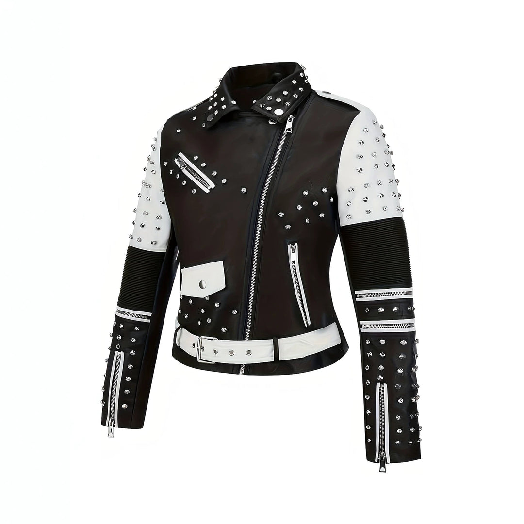 Damska Studded Contrasting Biker kurtka z Waist paskiem Lumaza
