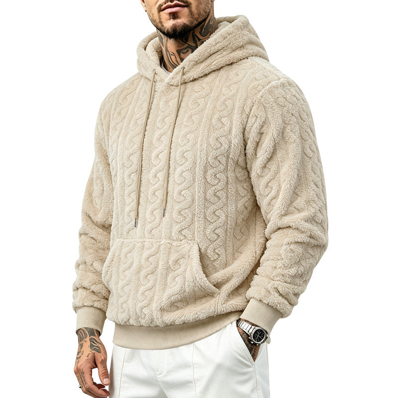 Męska teddy polar pulower z cable Wzór, kaptur i kieszeń kangurka