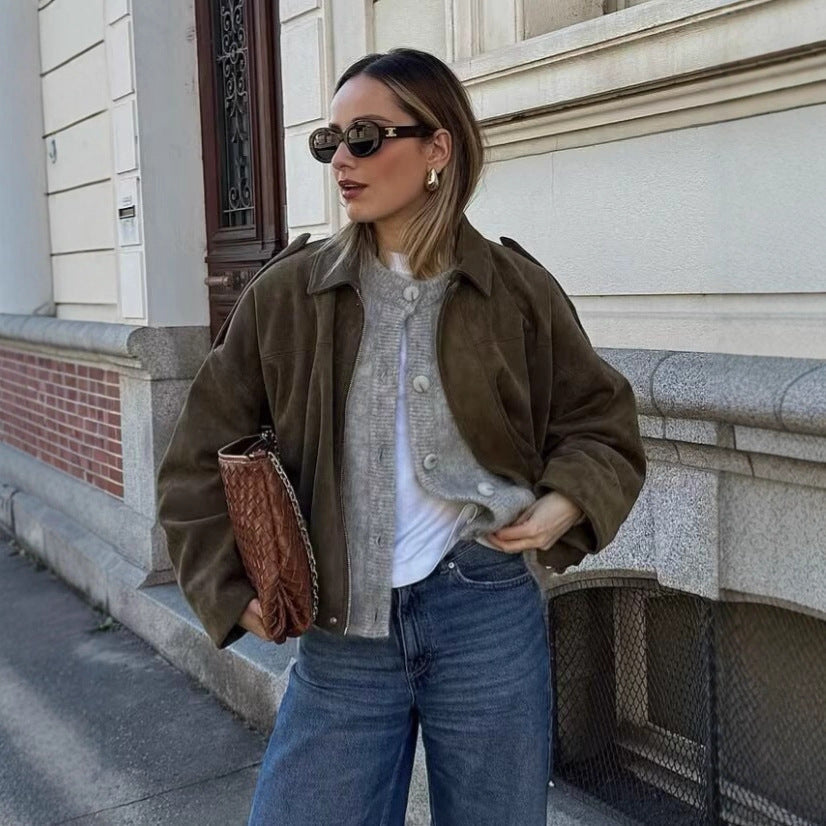 Damska krótka boxy kurtka in oversize Suede Look z Balloon dołem Lumaza