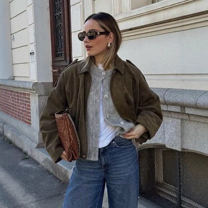 Damska krótka boxy kurtka in oversize Suede Look z Balloon dołem Lumaza