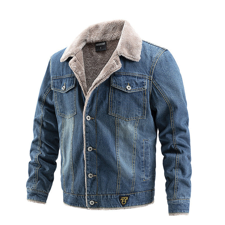 Męski Solidny Denim Trucker Kurtka z Sherpa Podszewka i Teddy Kołnierz