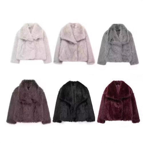 Damska krótka Faux Fur kurtka z Voluminous Shawl kołnierzem Lumaza