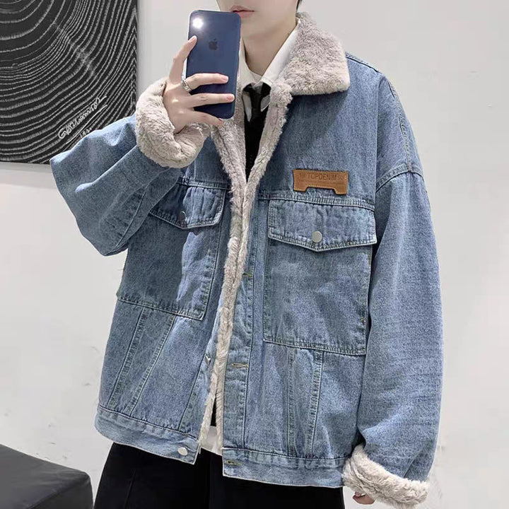 Męski Z podszewką Oversized Denim Kurtka z Teddy Podszewka i Flap Kieszenie