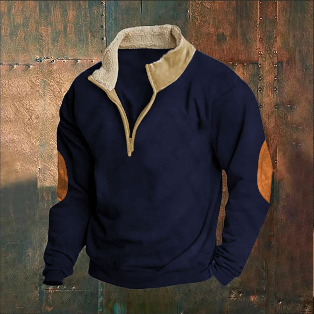 Męska Sherpa-lined krótki zamek pulower z Stójka i skóra elbow patches