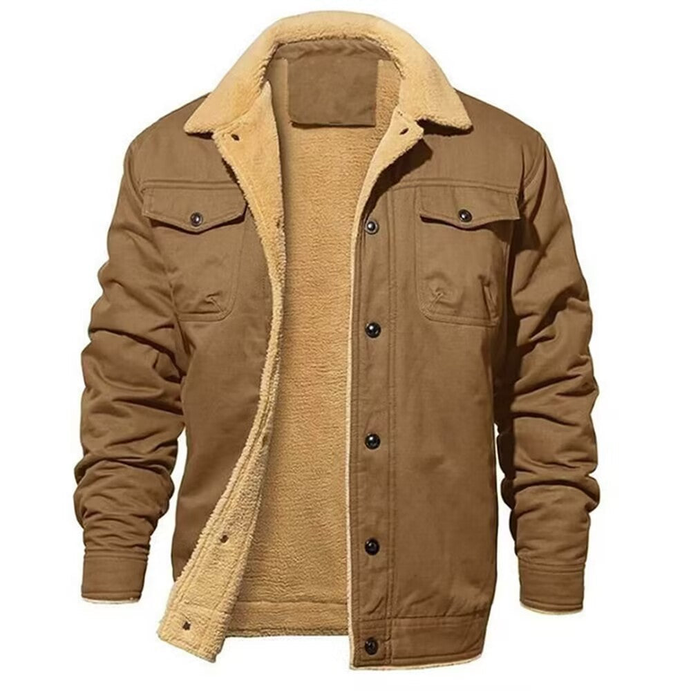 Męski solidny płótno blouson z full sherpa podszewka i kołnierz koszulowy
